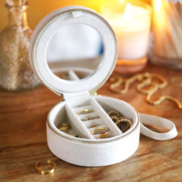 Mini Round Jewellery Box Natural Linen – Emma Greetham Fine